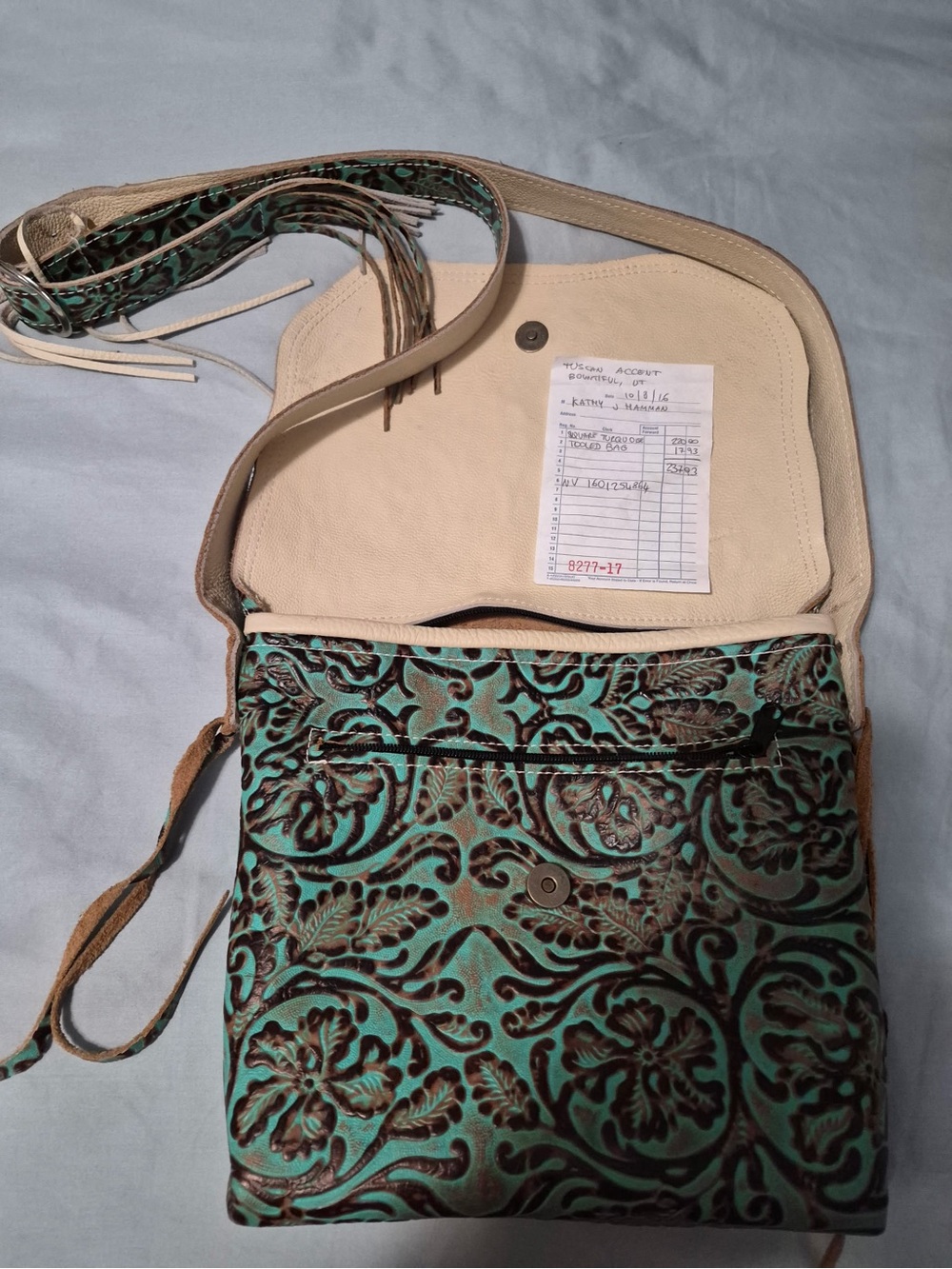 Hand-Tooled Floral Crossbody Bag in Turquoise and Brown